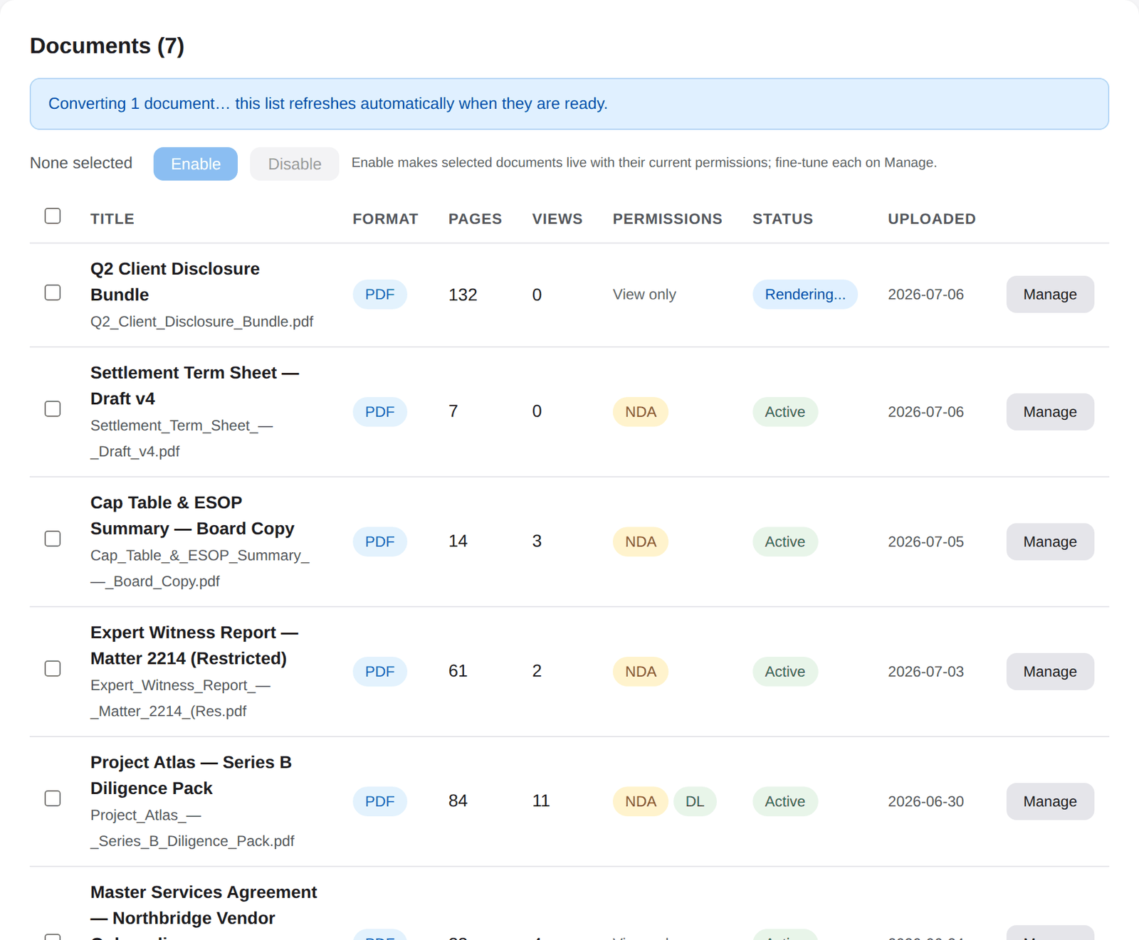 Arkin Vault dashboard: the governed document repository with per-document NDA and download permissions, render status, views, and upload dates.