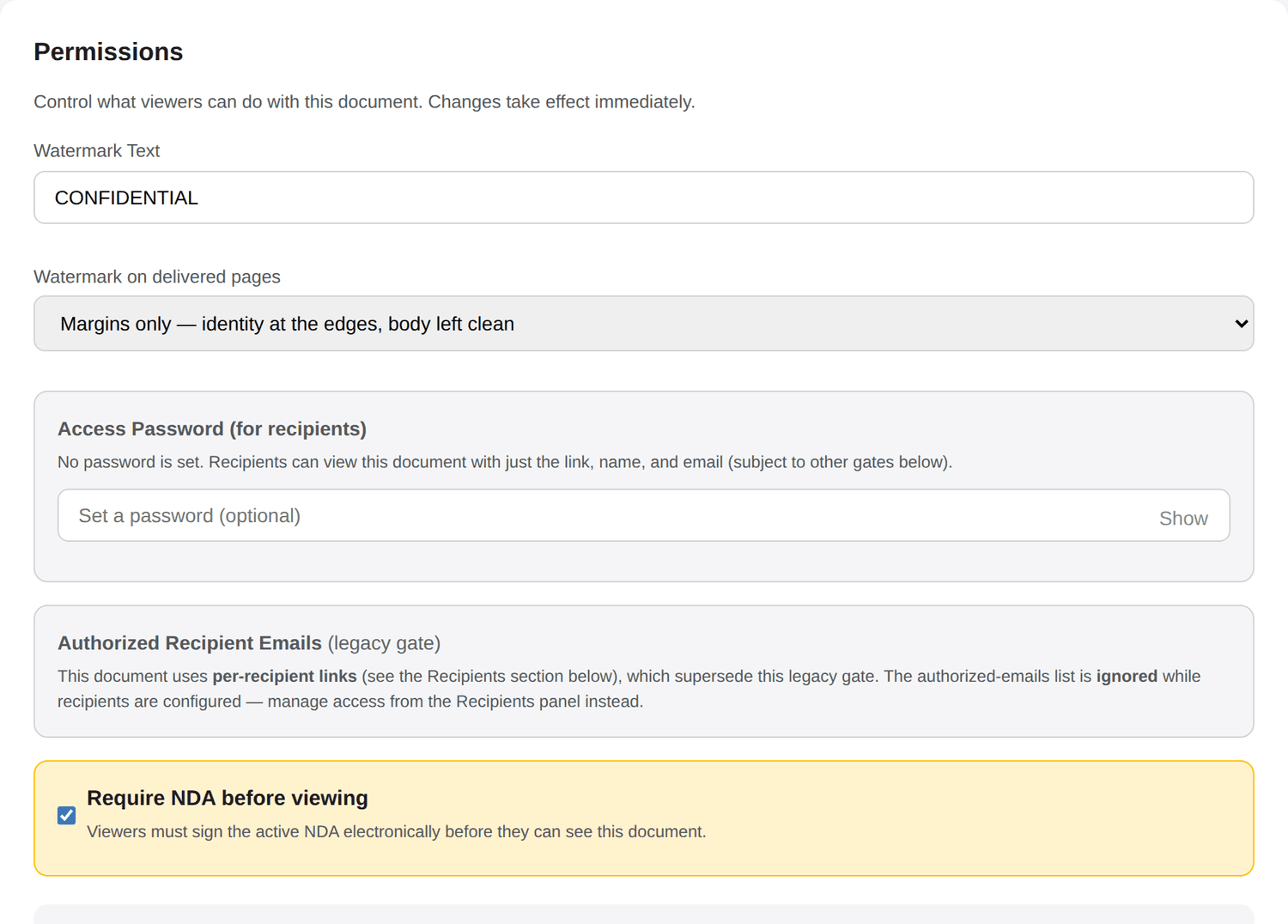 Per-document permissions: watermark text and mode, recipient access password, and the require-NDA-before-viewing gate.